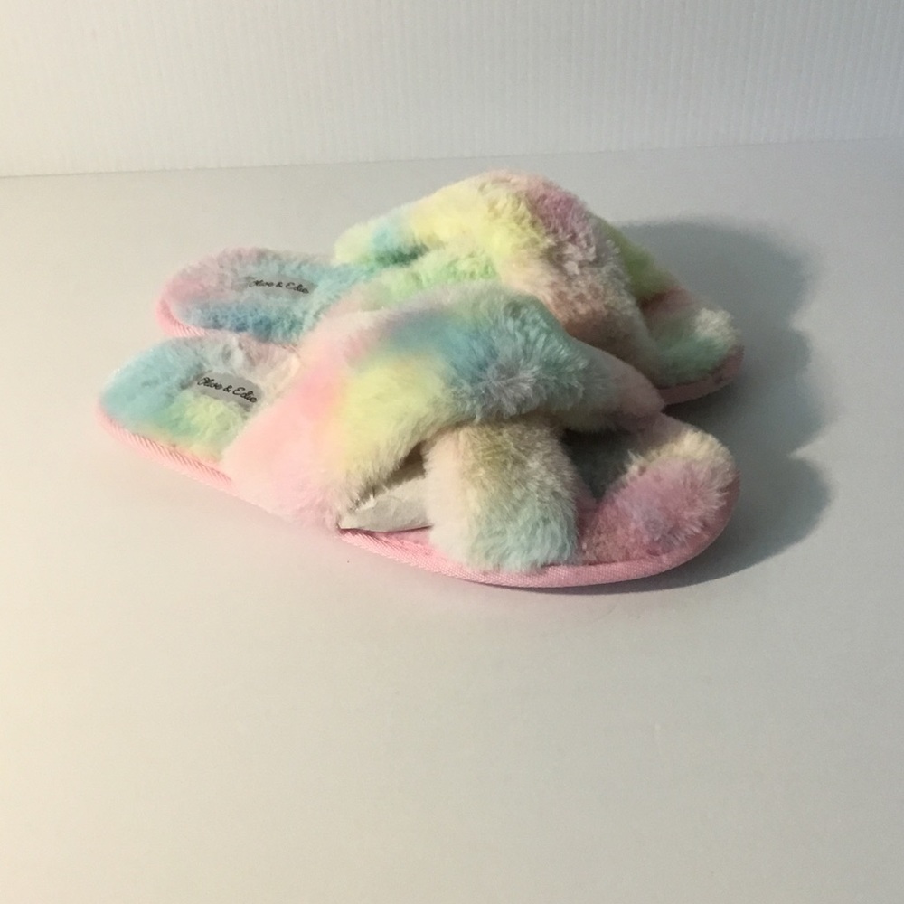Kids Plush Cross-Band Slippers – Pastel Rainbow